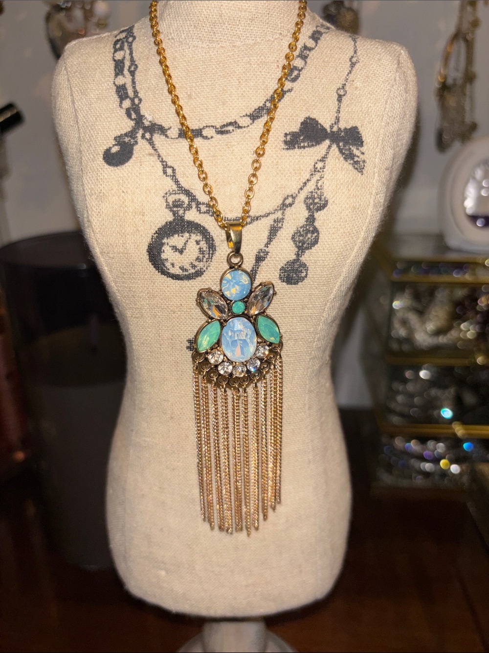 Gold-Tone Fringe Necklace with Opalescent Blue-Green Stones